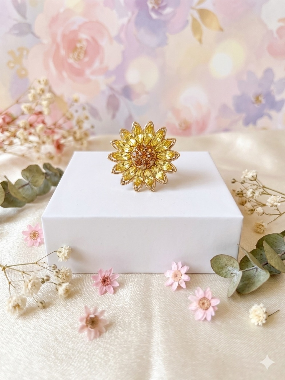 paparazzi Yellow Crystal Sunflower Brooch - Gold Tone